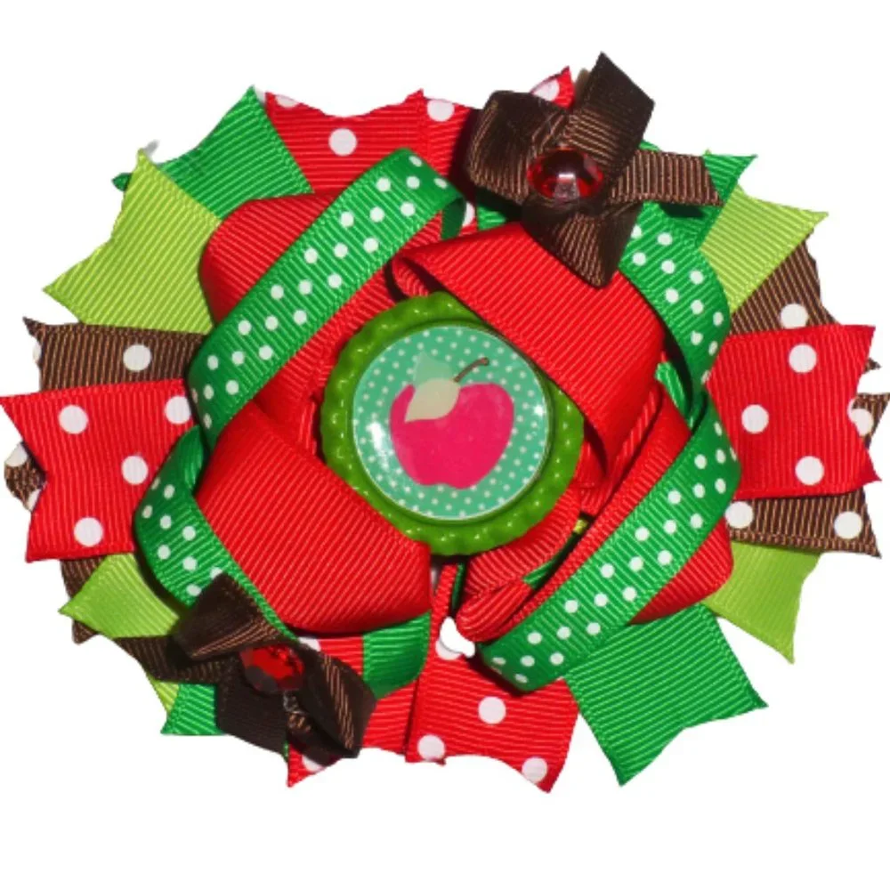 Back to School Apple Girls Hair Bow Clip 5 Inches